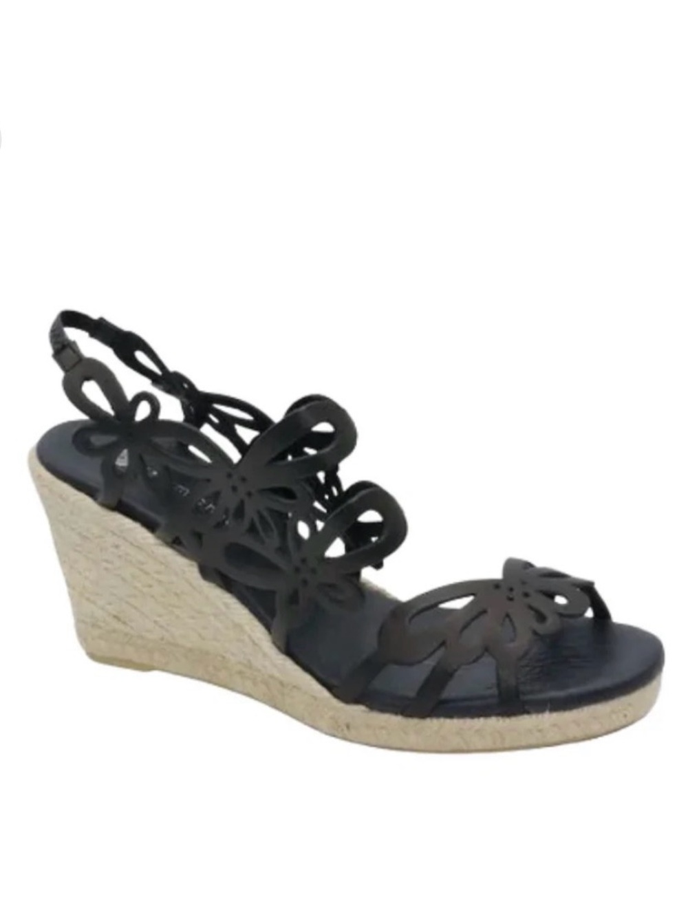 Eric Michael Jillian Black Floral Laser-Cut Espadrille Wedge Sandals Size 41